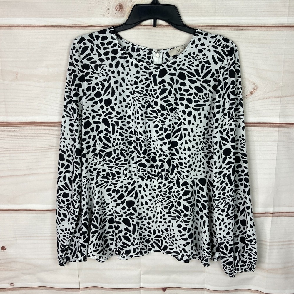 LOFT Top Womens 4 White Geometric Peplum Blouse Long Sleeve Crew Neck Woven